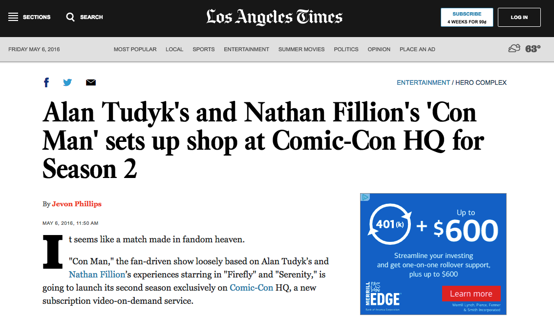 Los Angeles Times - Alan Tudyk's and Nathan Fillion's 'Con Man' sets up shop at Comic-Con HQ for Season 2